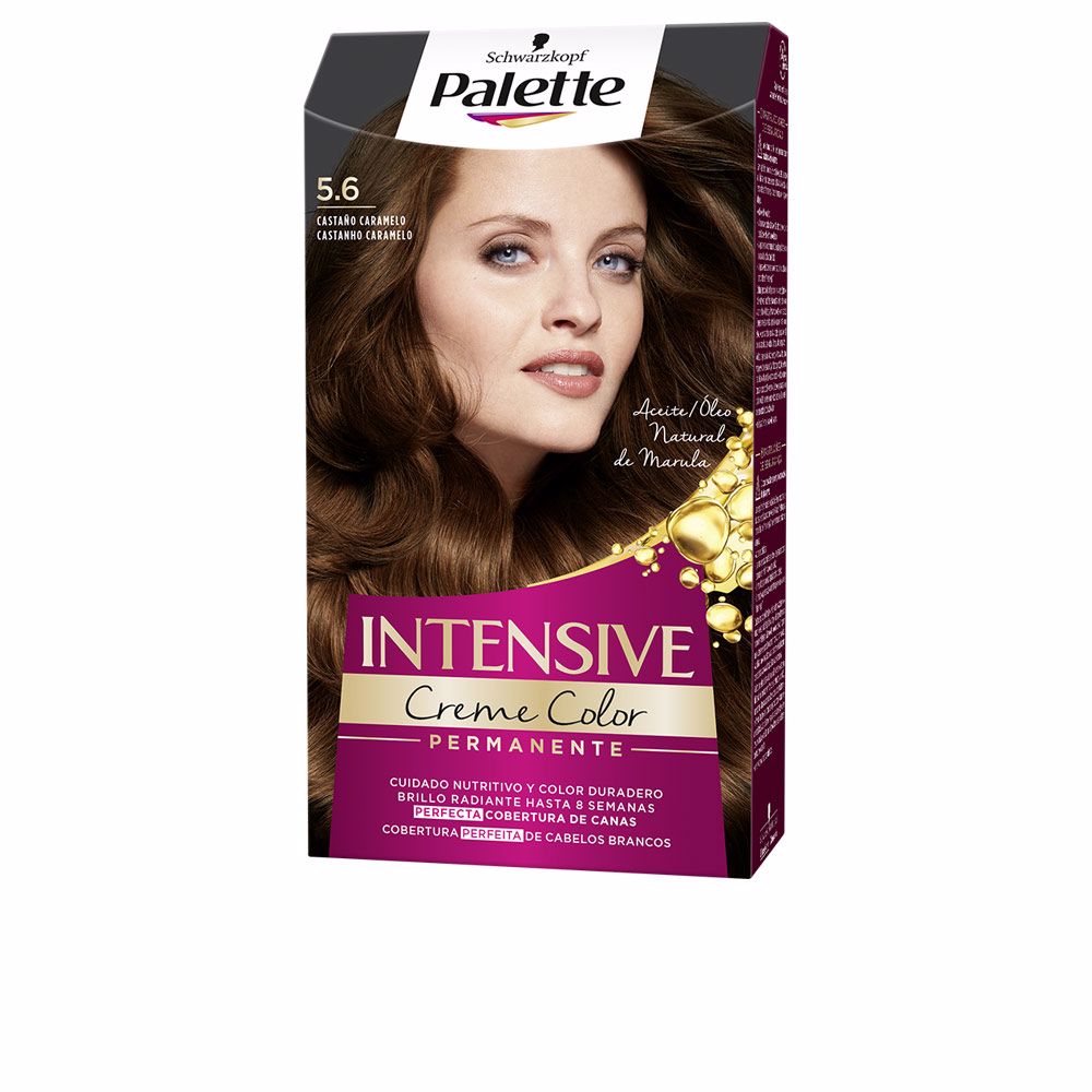 SchwarzkopfPaletteIntensiveCremePermanentColor5.6CaramelBrown Box of Palette Intensive Creme Permanent Color 5.6 Caramel Brown by Schwarzkopf, a hair color indicated for gray coverage.