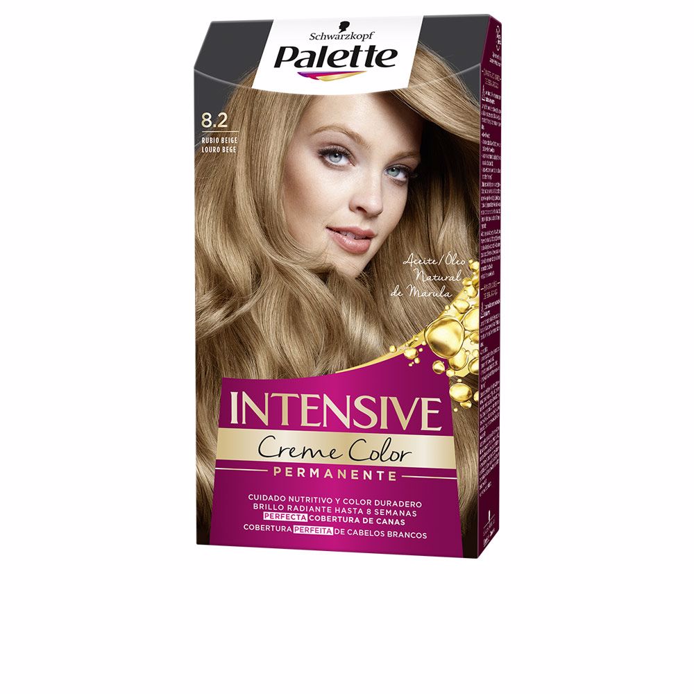 SchwarzkopfPaletteIntensiveCremePermanentColor8.2BeigeBlonde Box of Palette Intensive Creme Permanent Color 8.2 Beige Blonde by Schwarzkopf, a hair color indicated for gray coverage.