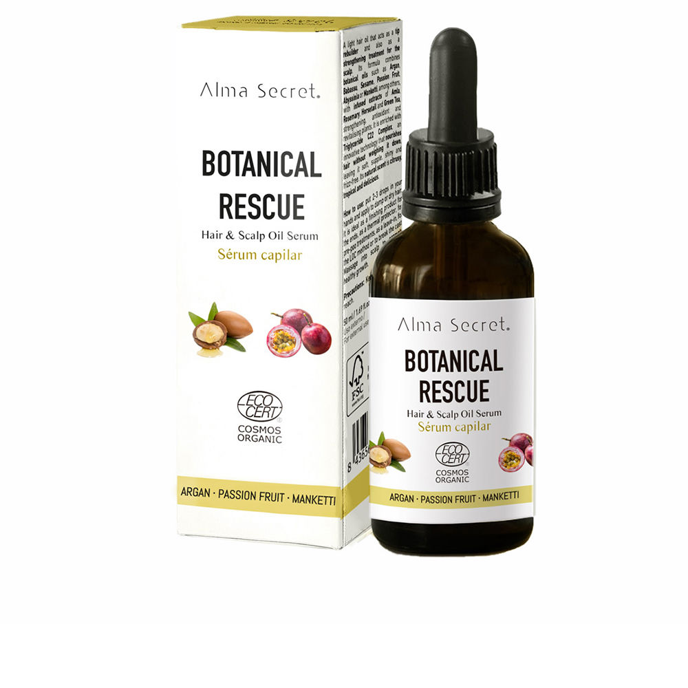 AlmaSecretBotanicalRescueHairSerum50ml Bottle of Alma Secret Botanical Rescue Hair Serum by Alma Secret, a hair serum indicated for reconstructing hair fibers.