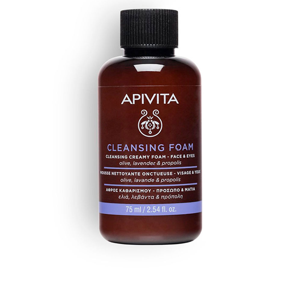 ApivitaCleansingFoamFaceandEyes75ml Bottle of Apivita Cleansing Foam Face and Eyes by Apivita, a creamy foam indicated for removing makeup and impurities.