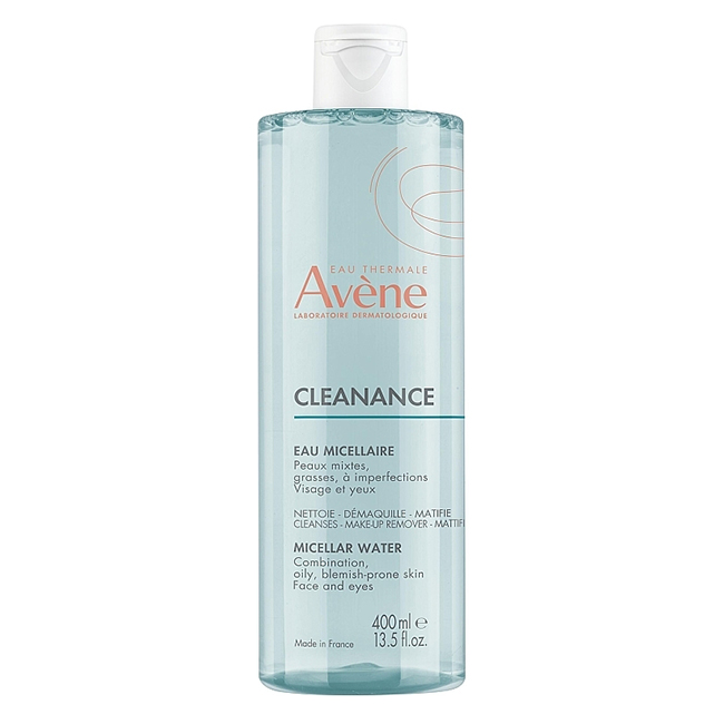 AveneCleananceMicellarWater400ml Bottle of Cleanance Micellar Water by Avène, a micellar water indicated for cleansing and balancing oily, sensitive skin.