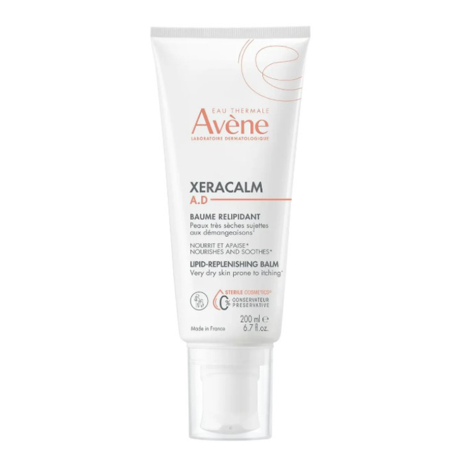 AveneXeraCalmADRelipidatingBalm200ml Tube of Avène XeraCalm A.D Relipidating Balm by Avène, a moisturizing balm indicated for severe or atopic skin dryness.