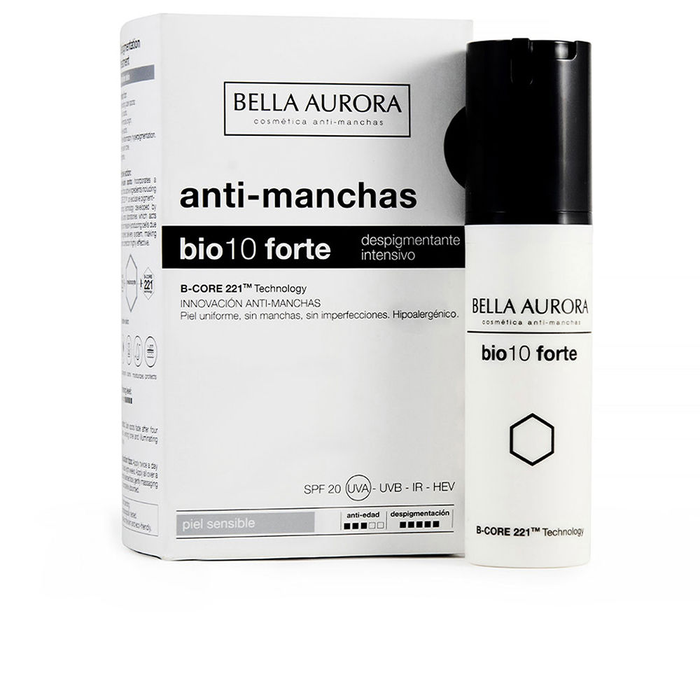 BellaAuroraBio10ForteIntensiveDepigmentingTreatmentforSensitiveSkin30ml Product container of Bella Aurora Bio10 Forte by Bella Aurora, a treatment indicated for eliminating post-inflammatory blemishes.
