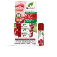 Product  container  of  Dr.  Organic  Aloe  Vera  and  Cherry  Lip  Balm  by  Dr.  Organic,  a  balm  indicated  for  moisturizing  dry  lips.