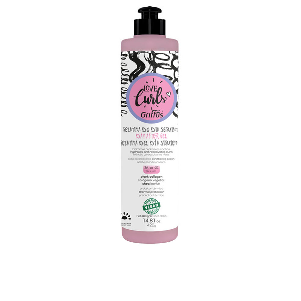 GriffusLoveCurlsDayAfterGel2A-4C420g Product container of Griffus Love Curls Day After Gel 2A-4C by Griffus, a gel indicated for recovering hair finish and curls.