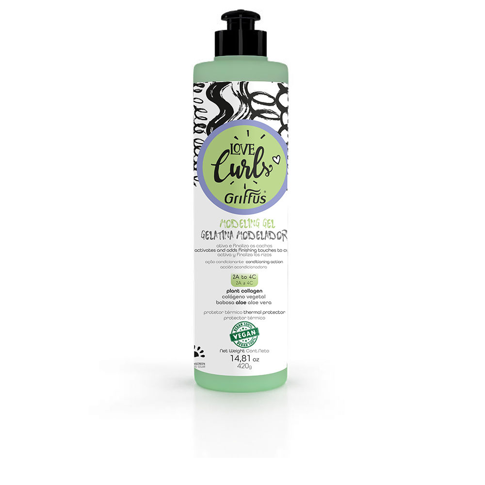 GriffusLoveCurlsModelingGel2A-4C420g Product container of Griffus Love Curls Modeling Gel 2A-4C by Griffus, a gel indicated for activating and defining curls.
