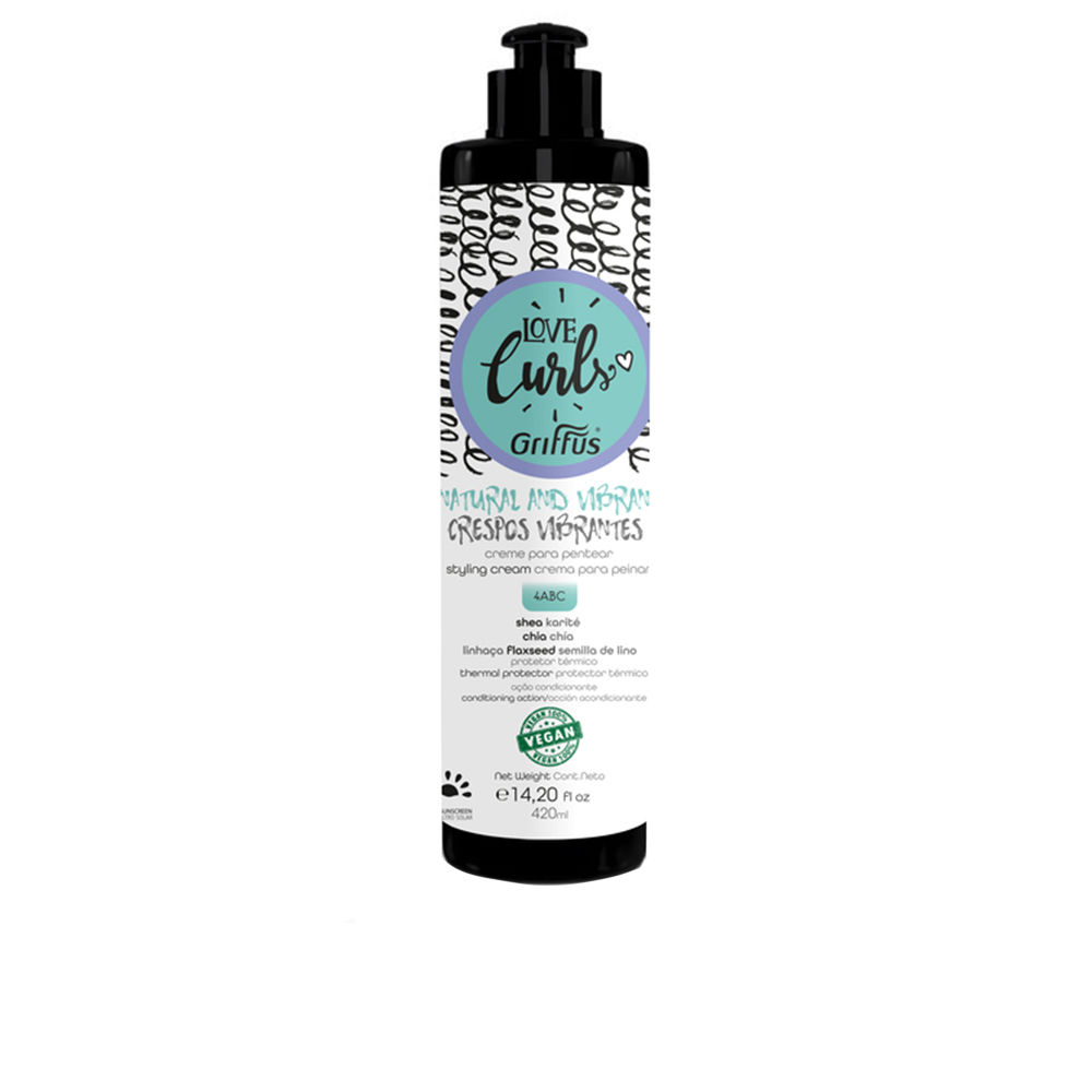 GriffusLoveCurlsStylingCreamforKinkyHair4ABC420ml Bottle of Griffus Love Curls Styling Cream 4ABC by Griffus, a leave-in cream indicated for hydrating and defining kinky curls.