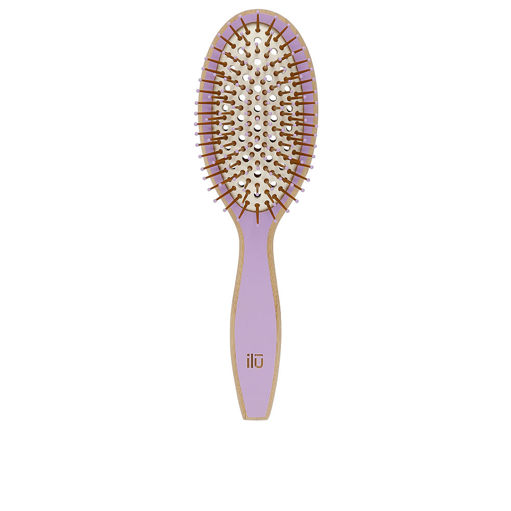 IlūBamboomMediumOvalBrush Product container of Ilū Bamboom Medium Oval Brush by Ilū Bamboom, a bamboo brush indicated for detangling and smoothing hair.