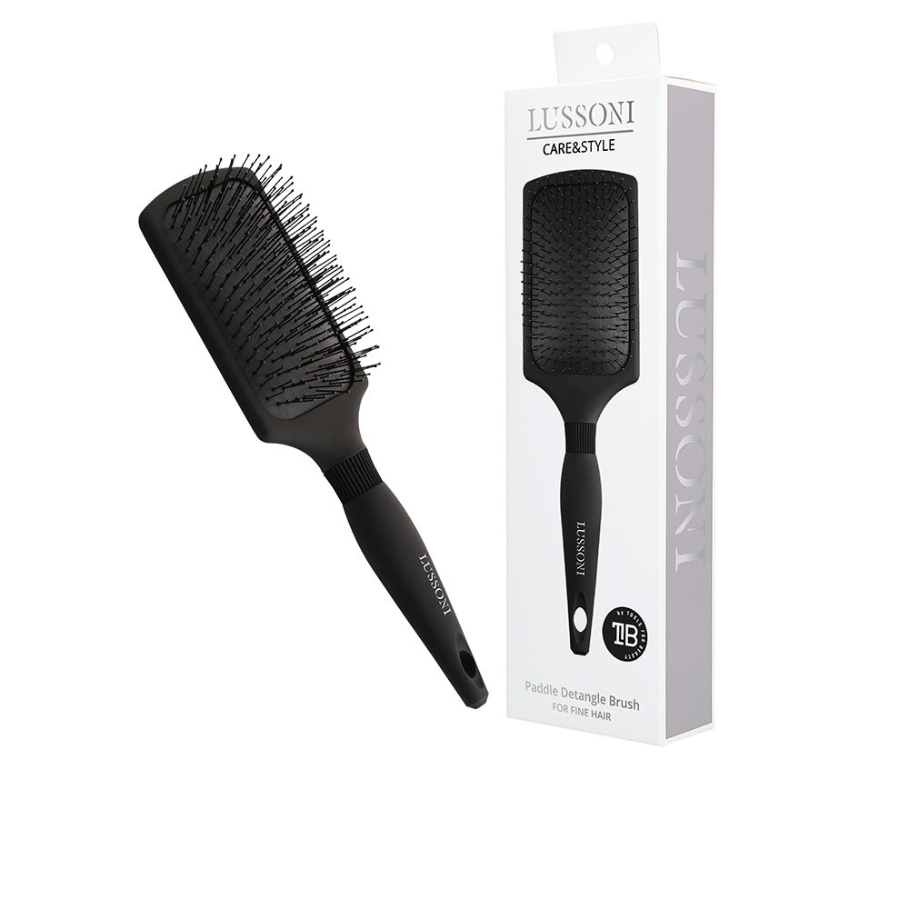 LussoniCare&StylePaddleDetangleBrushforFineHair Product container of Lussoni Care & Style Paddle Detangle Brush by Lussoni, a brush indicated for detangling fine hair.