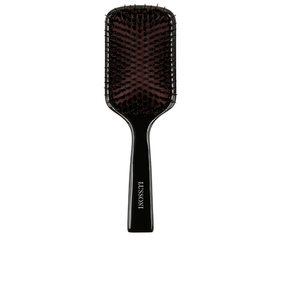 LussoniNaturalStyleWoodenPaddleBrush Product container of Lussoni Natural Style Wooden Paddle Brush by Lussoni, a wooden brush indicated for detangling hair.