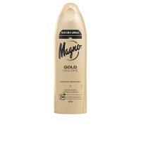 Bottle  of  Magno  Gold  Shower  Gel  by  Magno,  a  creamy  shower  gel  indicated  for  gently  cleansing  and  hydrating  the  skin.