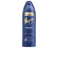 Bottle  of  Magno  Marine  Shower  Gel  by  Magno,  a  creamy  shower  gel  indicated  for  revitalizing  and  cleansing  the  skin.