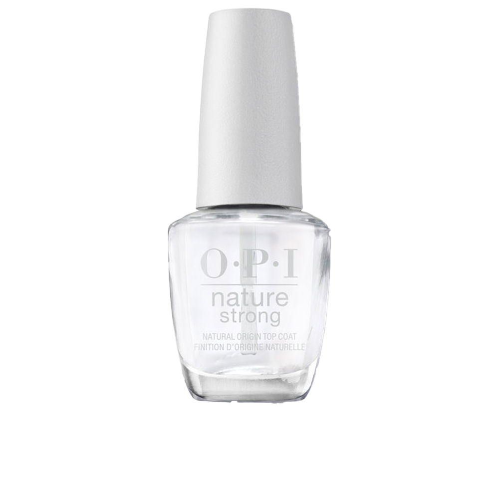 OpiNatureStrongTopCoat15ml Bottle of Nature Strong Top Coat by Opi, a clear nail polish indicated for preventing staining and prolonging manicure wear.