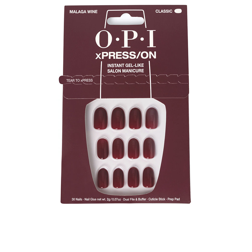 OpixPress/OnFalseGel-LikeNailsColorMalagaWinex30 Box of xPress/On False Gel-Like Nails by Opi, a set of false nails indicated for a professional manicure finish in Malaga Wine.