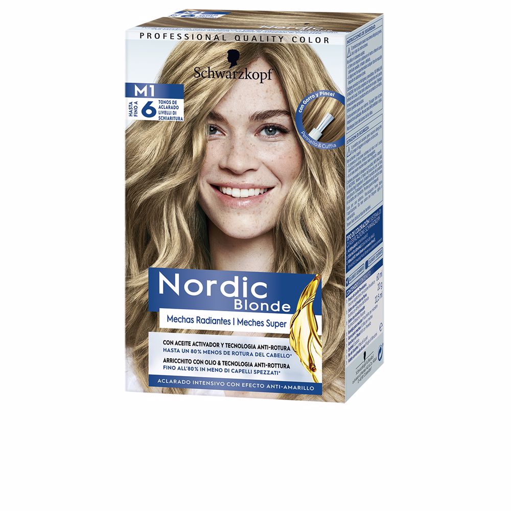 SchwarzkopfNordicBlondeIntensiveLightenerAmmonia-FreeColorM1 Product container of Schwarzkopf Nordic Blonde Intensive Lightener by Schwarzkopf, a lightener indicated for anti-yellow effect.