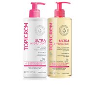Bottle  of  Topicrem  Ultra  Moisturizing  Milk  and  Shower  Oil  Duo  by  Topicrem,  a  set  indicated  for  dry  and  sensitive  skin.