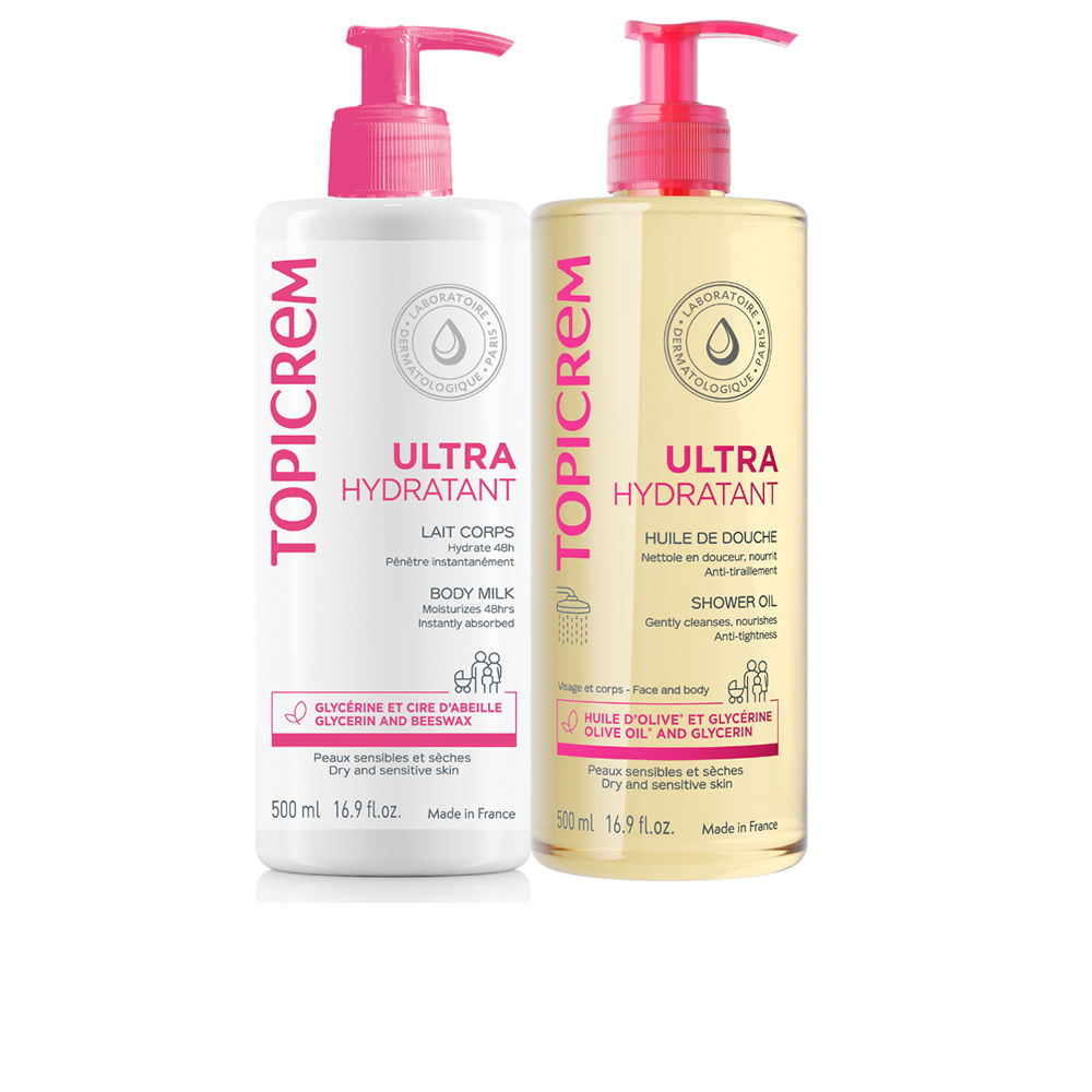 TopicremUltraMoisturizingMilkandShowerOilDuo2x500ml Bottle of Topicrem Ultra Moisturizing Milk and Shower Oil Duo by Topicrem, a set indicated for dry and sensitive skin.