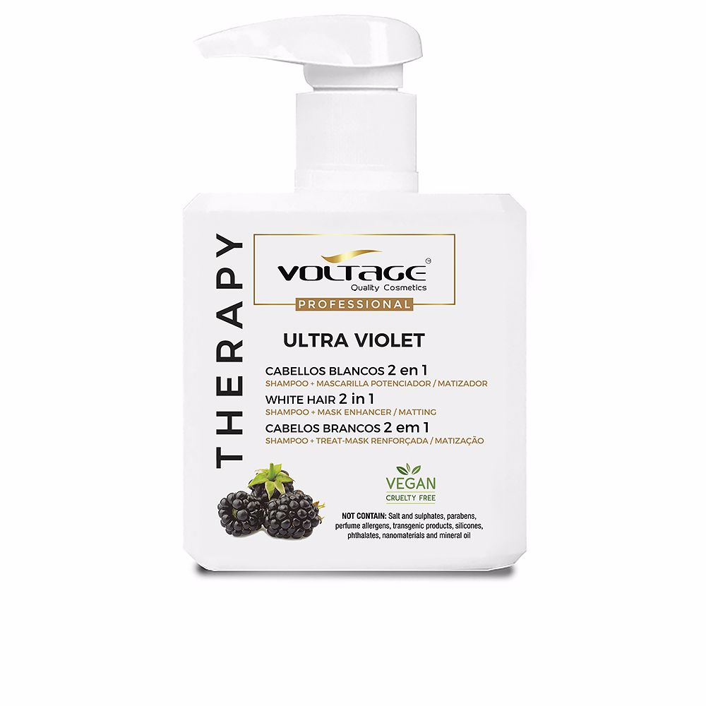 VoltageCosmeticsTherapyUltraVioletWhiteHair2in1Shampoo-Mask500ml Bottle of Voltage Cosmetics Therapy Ultra Violet White Hair 2 in 1 Shampoo-Mask by Voltage Cosmetics, indicated for white hair.
