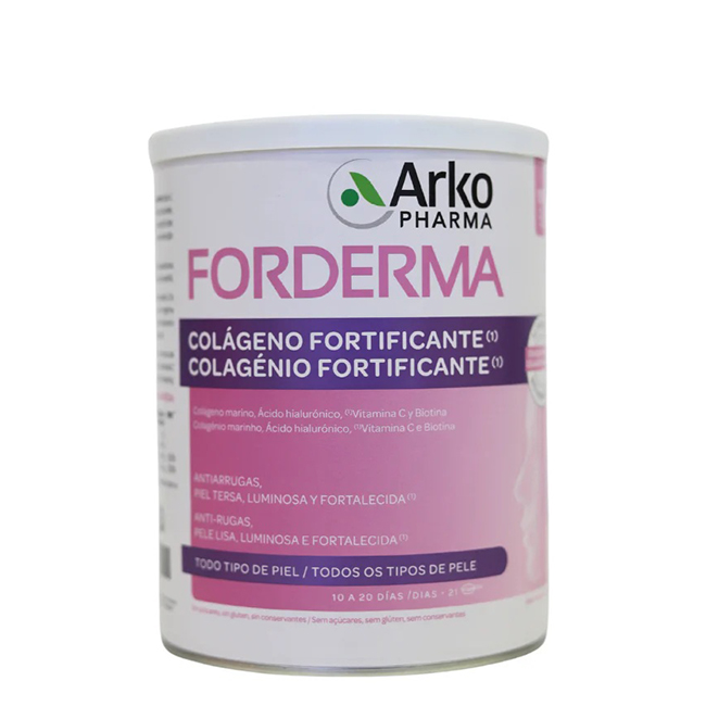 ArkopharmaFordermaCollagenFortifyingPowder260g Jar of Forderma Collagen Fortifying Powder by Arkopharma, a powdered supplement indicated for skin elasticity and firmness.