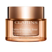 Jar  of  Clarins  Extra  Firming  Day  Cream  For  All  Skin  Types  by  Clarins,  a  revitalizing  cream  indicated  for  firming  facial  contours.