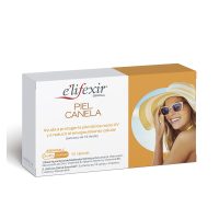 Box  of  Elifexir  Esencial  Piel  Canela  Capsules  by  Elifexir,  a  food  supplement  indicated  for  protecting  skin  against  UV  radiation.