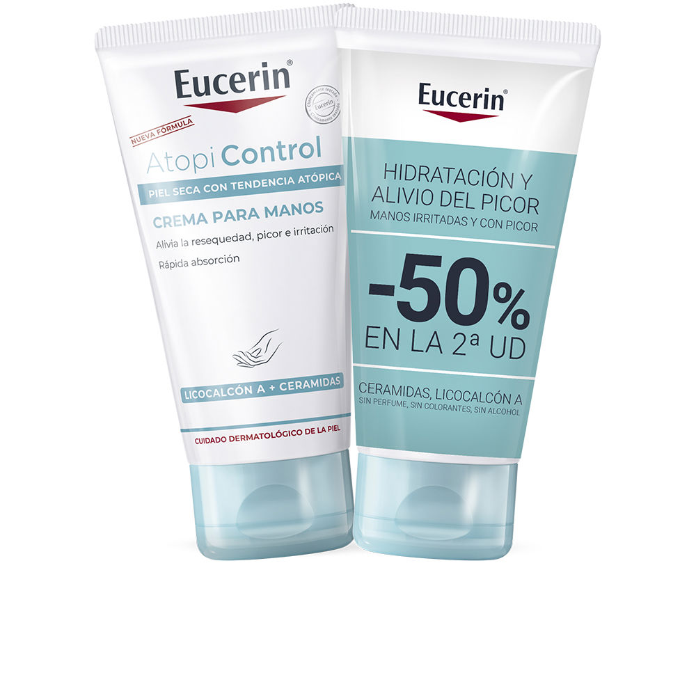 EucerinAtopicontrolHandCreamDuo2x75ml Tube of Eucerin Atopicontrol Hand Cream Duo by Eucerin, a light hand cream indicated for soothing irritated skin with eczema.