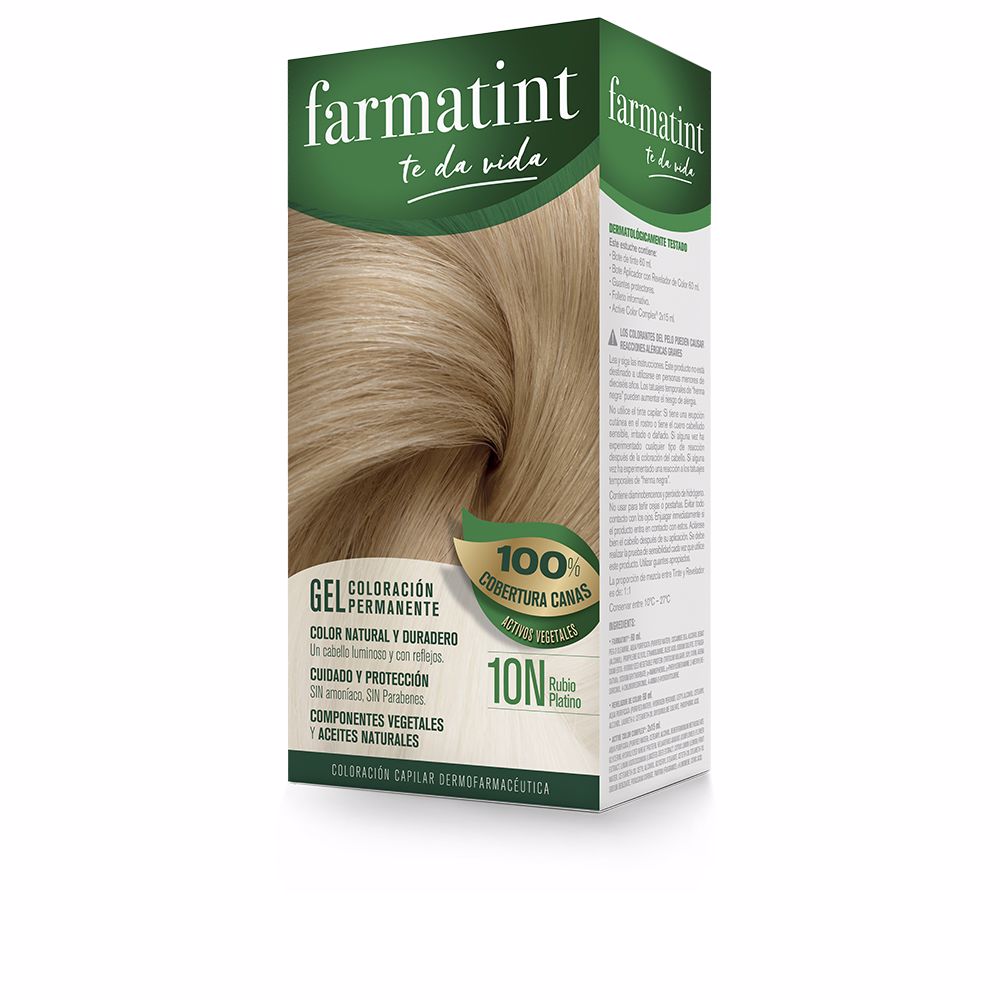 FarmatintGelPermanentHairColor10NPlatinumBlonde Box of Farmatint Gel Permanent Hair Color 10N Platinum Blonde by Farmatint, a hair color gel indicated for covering gray hair.