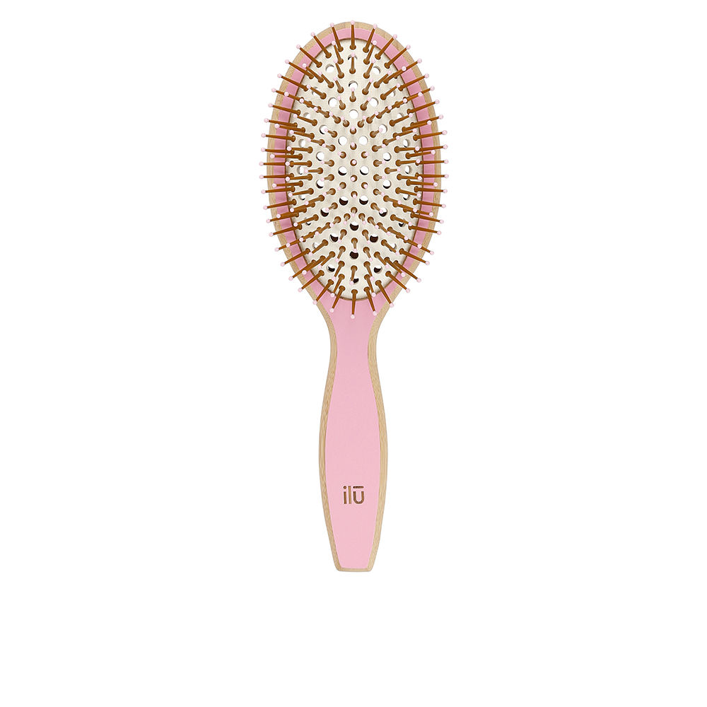 IluBamboomLargeOvalBrush Product container of Ilu Bamboom Large Oval Brush by Ilu, a bamboo hair brush indicated for detangling and smoothing hair.