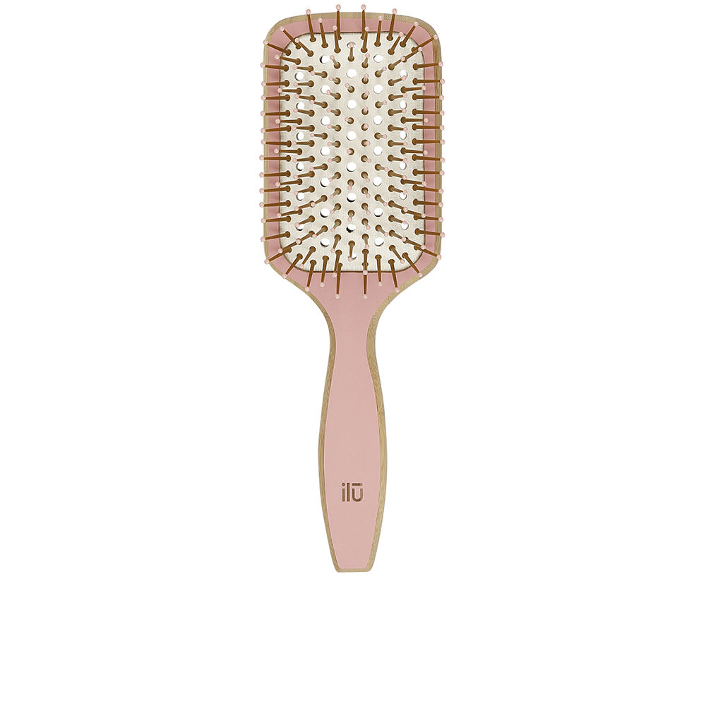 IlūBamboomPaddleMediumBrush Product container of Ilū Bamboom Paddle Medium Brush by Ilū, a bamboo brush indicated for smoothing and detangling hair.