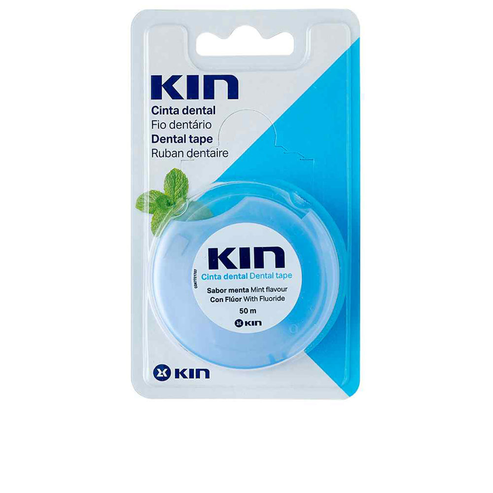 KinDentalTapeWithFluorideMintFlavor50ml Product container of Kin Dental Tape With Fluoride by Kin, a dental tape indicated for cleaning between teeth and subgingival areas.