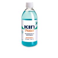 Bottle  of  Kin  Junior  Anticaries  Mouthwash  by  Kin,  a  mouthwash  indicated  for  protecting  the  mouth  from  caries  and  dental  biofilm.