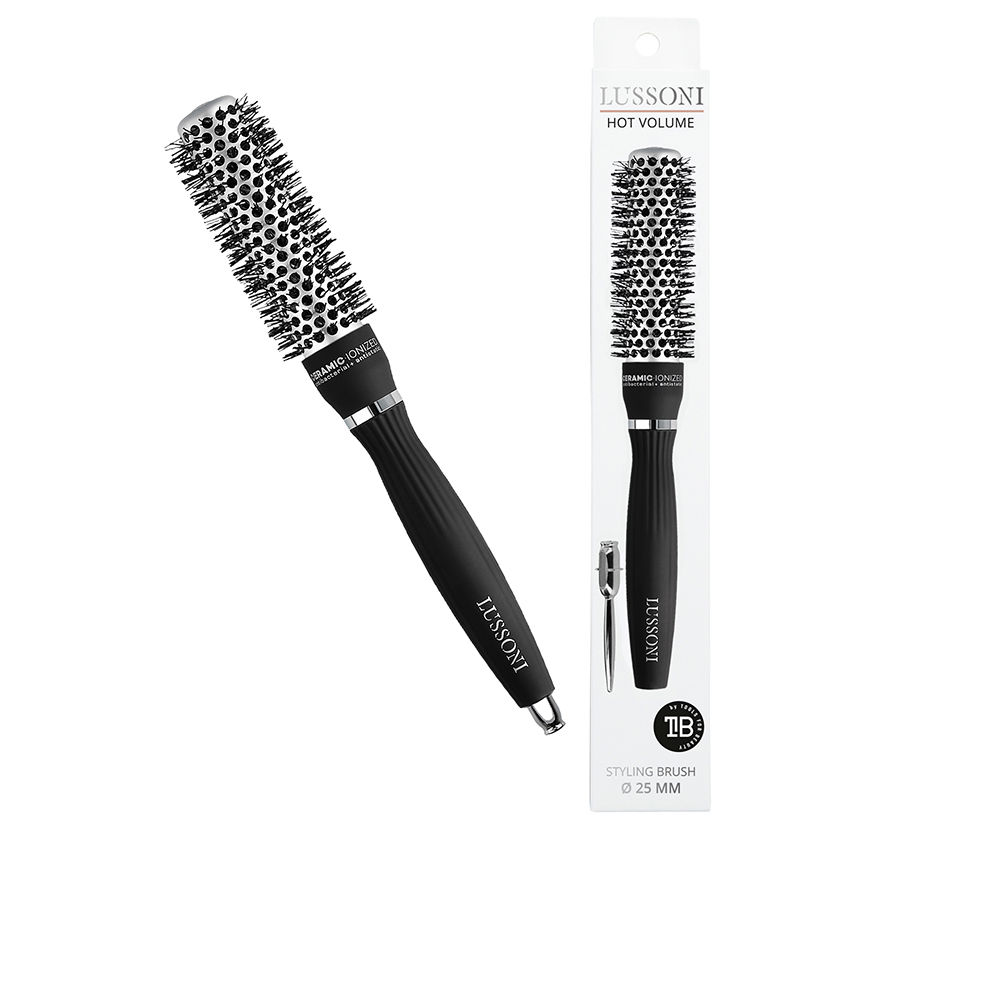 LussoniHotVolumeStylingBrush25mm Product container of Lussoni Hot Volume Styling Brush 25mm, a thermal brush indicated for lifting hair at the roots.