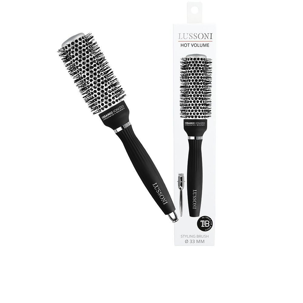 LussoniHotVolumeStylingBrush33mm Product container of Lussoni Hot Volume Styling Brush 33mm, a thermal brush indicated for lifting hair at the roots.