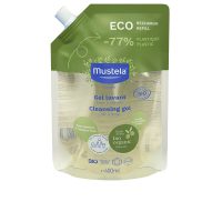 Bottle  of  Mustela  Bio  Cleansing  Gel  Refill  by  Mustela,  a  cleansing  gel  indicated  for  moisturizing  hair  and  body  skin.