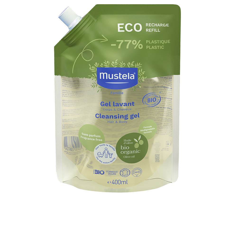 MustelaBioCleansingGelRefill400ml Bottle of Mustela Bio Cleansing Gel Refill by Mustela, a cleansing gel indicated for moisturizing hair and body skin.