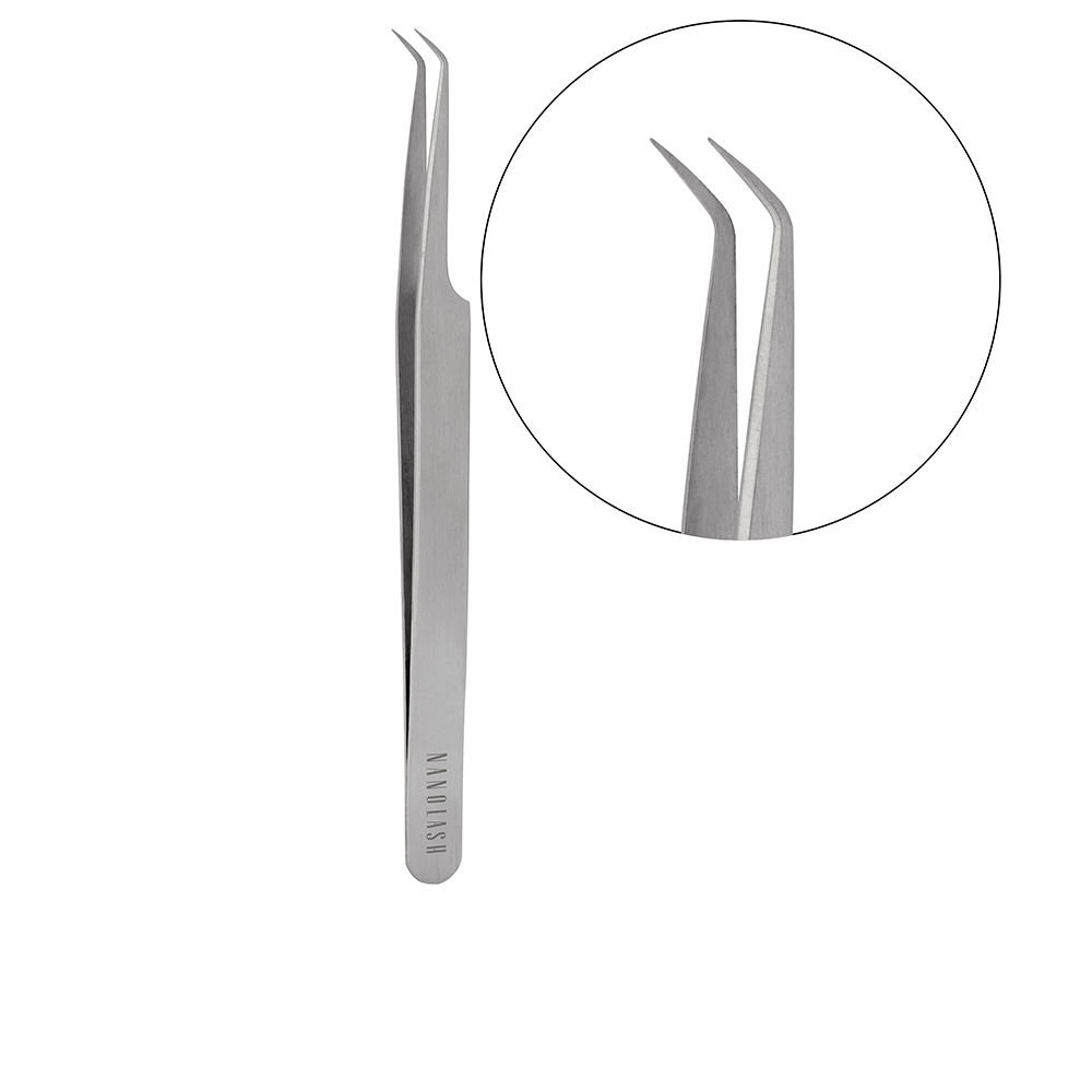 NanolashLShapeEyelashTweezers Product container of Nanolash L Shape Eyelash Tweezers by Nanolash, a stainless steel tool indicated for eyelash application.