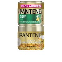 Product  container  of  Soft  And  Smooth  Mask  Duo  by  Pantene,  a  hair  mask  indicated  for  hydrating  and  preventing  frizz  in  hair.