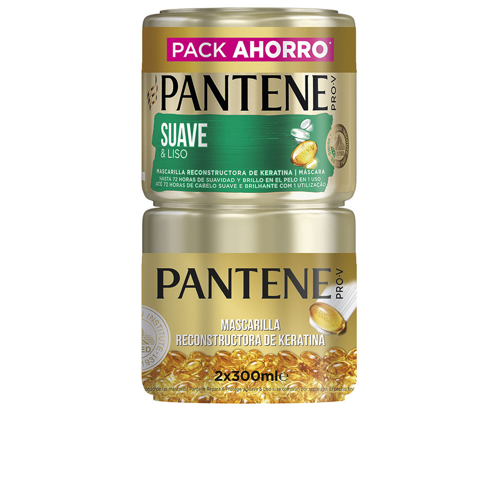 PanteneSoftAndSmoothMaskDuo2x300ml Product container of Soft And Smooth Mask Duo by Pantene, a hair mask indicated for hydrating and preventing frizz in hair.