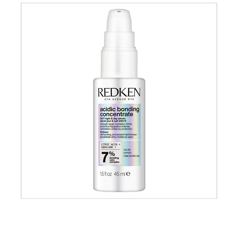 RedkenAcidicBondingConcentrateDayAndNightSerum45ml Bottle of Redken Acidic Bonding Concentrate Day And Night Serum by Redken, a bond repair serum indicated for damaged hair.