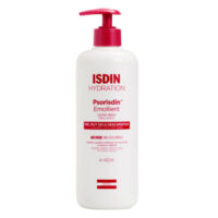 Bottle  of  Isdin  Psorisdin  Emollient  Lotion  by  Isdin,  a  lotion  indicated  for  moisturizing  and  reducing  psoriasis  symptoms.
