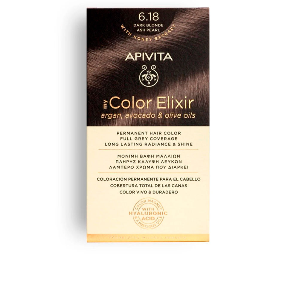 ApivitaMyColorElixirPermanentHairColor6.18DarkBlondeAshPearl Box of Apivita My Color Elixir Permanent Hair Color 6.18 Dark Blonde Ash Pearl, a hair dye for natural and shiny color.