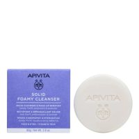Product  container  of  Apivita  Solid  Foamy  Cleanser  &  Makeup  Remover  80g,  a  solid  soap  indicated  for  removing  makeup  and  impurities.