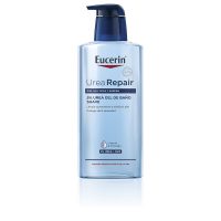 Bottle  of  Eucerin  Urearepair  5%  Urea  Shower  Gel  by  Eucerin,  a  shower  gel  indicated  for  relieving  dry  and  rough  skin.