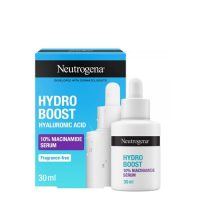 Bottle  of  Neutrogena  Hydro  Boost  10%  Niacinamide  Serum  by  Neutrogena,  a  serum  indicated  for  improving  skin  radiance  and  texture.