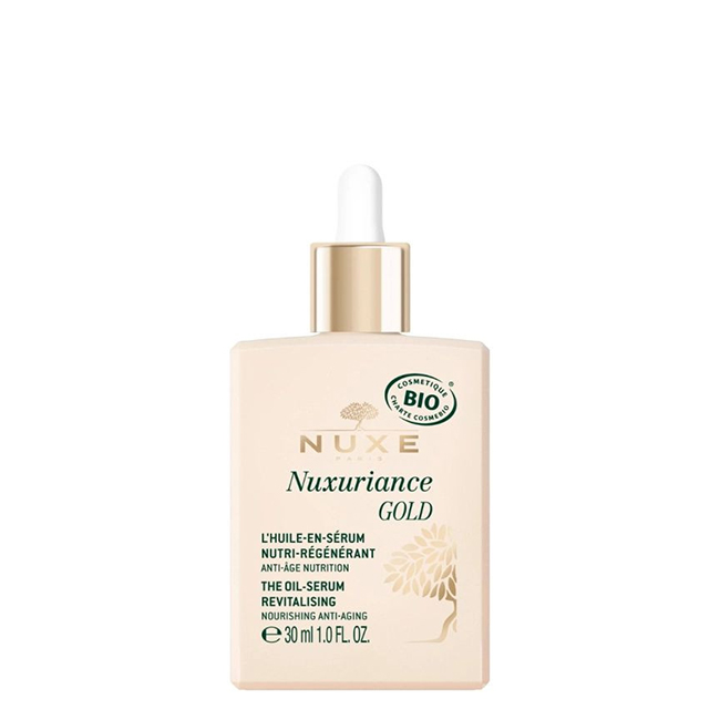 NuxeNuxurianceGoldTheOilSerum30ml Bottle of Nuxe Nuxuriance Gold The Oil Serum by Nuxe, a serum-oil indicated for nourishing and restoring skin firmness.