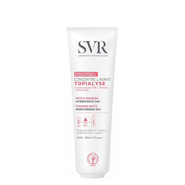 SVRTopialyseConcentreLavantFoamingPaste100g Tube of SVR Topialyse Concentre Lavant Foaming Paste by SVR, a creamy paste indicated for cleansing dry sensitive skin.