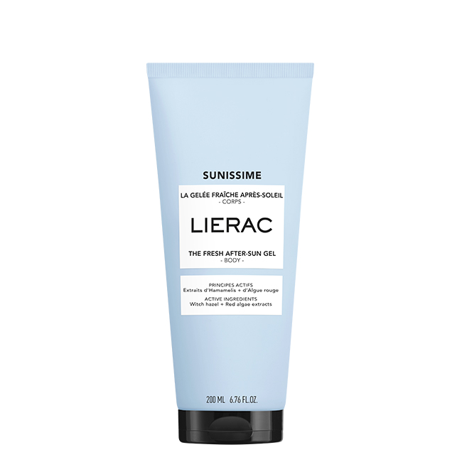 7499566 Bottle of Lierac Sunissime The Fresh After-Sun Gel Body by Lierac, a body gel indicated for moisturizing and soothing skin after sun exposure.