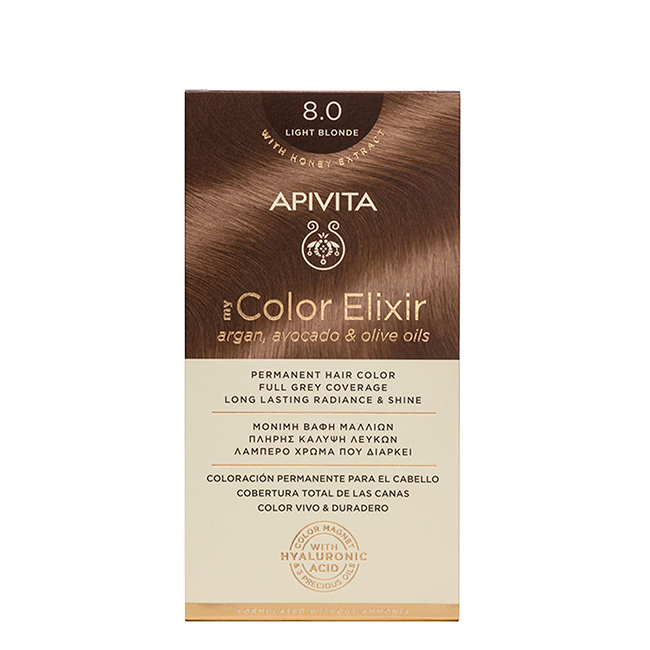 ApivitaMyColorElixirPermanentHairColor80LightBlonde Box of Apivita My Color Elixir Permanent Hair Color 8.0 Light Blonde, a hair dye for natural color and grey coverage.