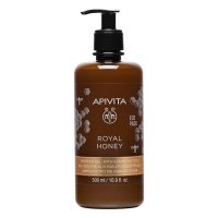 Bottle  of  Apivita  Royal  Honey  Shower  Gel  500ml,  a  creamy  shower  gel  indicated  for  cleansing  and  preserving  natural  moisture.