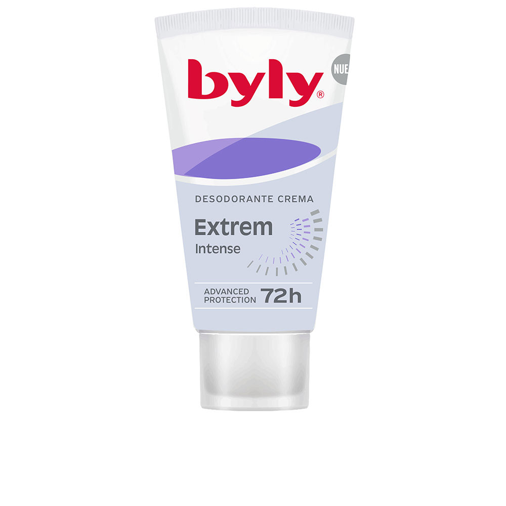 BylyExtremIntense72HDeodorantCream50ml Tube of Byly Extrem Intense 72H Deodorant Cream by Byly, a cream indicated for sweat absorption and 72h odor protection.